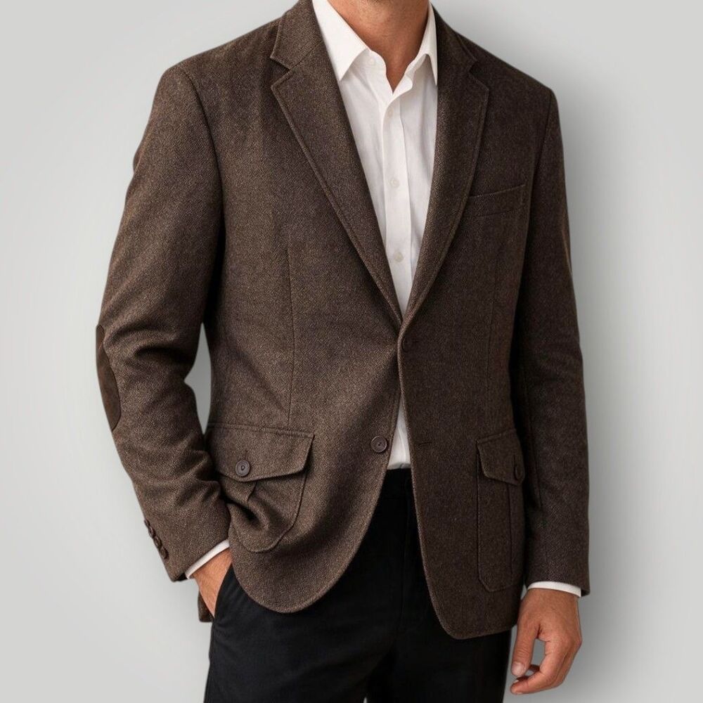TASSO ELBA Mens Blazer Sport Coat 2-Button Jacket L 42-44 TWEED WOOL Brown